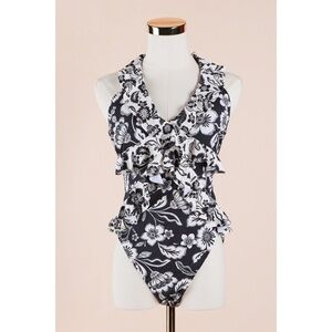 Sz L Anthropologie Maeve One Piece Swimsuit Ruffled Floral Navy & White GUC
